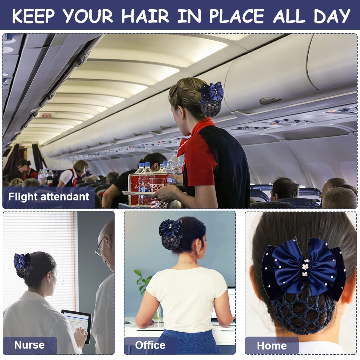 MAYCREATE Hair Bun Cover for Work and Dance featuring Alloy Spring Clip | Blue Knit Mesh Bow Hairnet