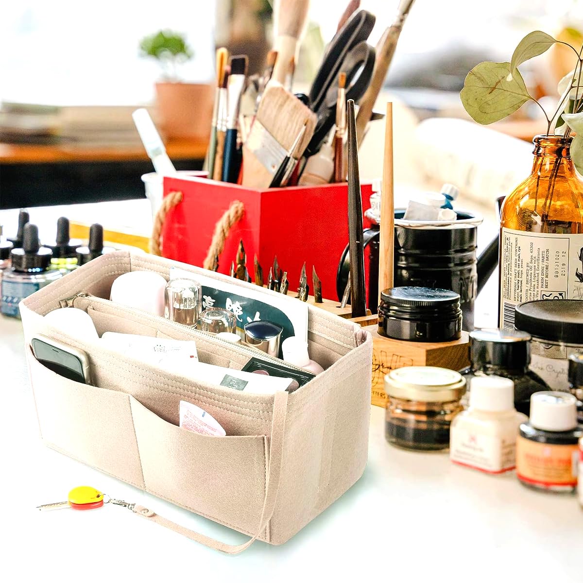 MAYCREATE Women Felt Purse Organizer Insert with Detachable Zipper Pouch 26×14×15cm Beige