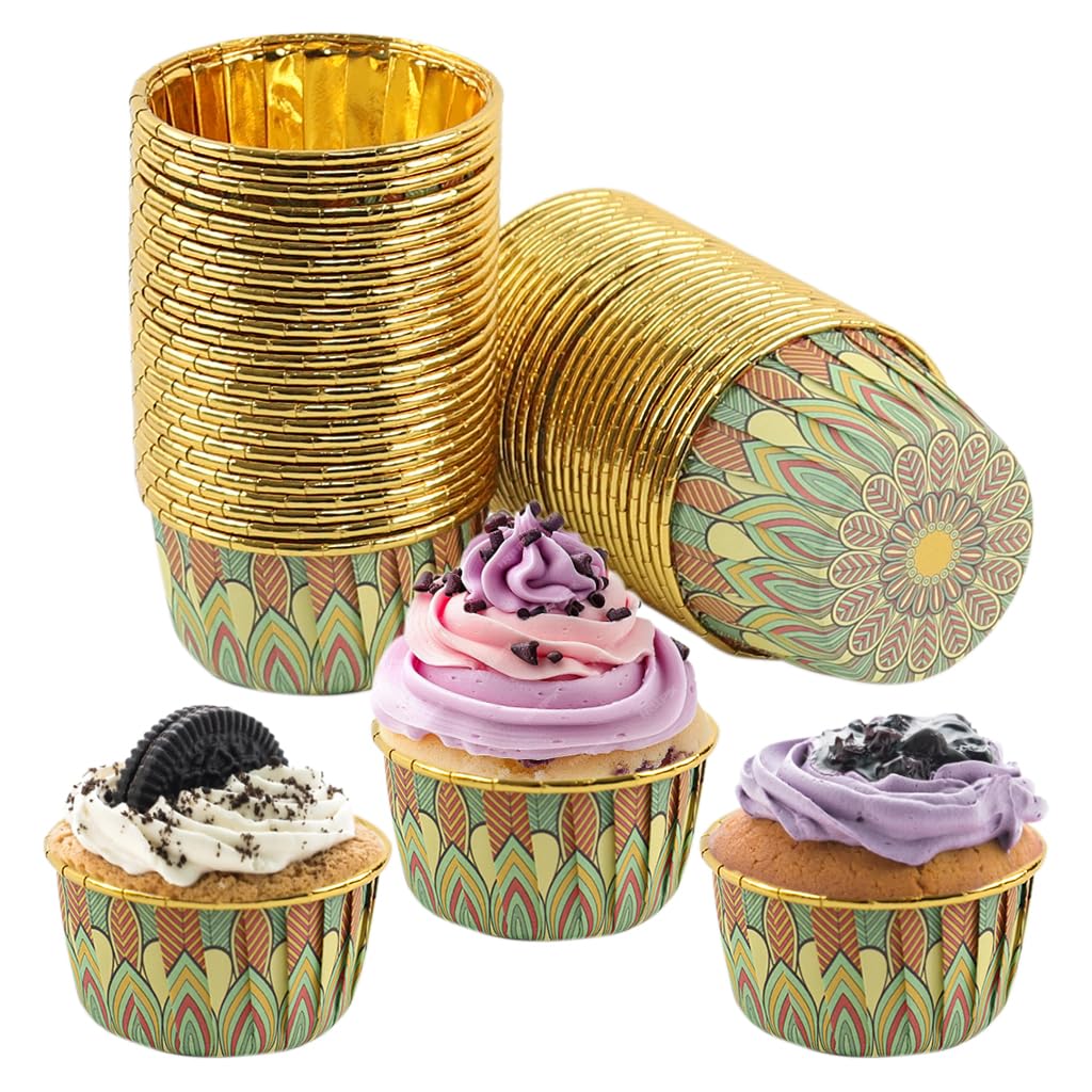 HASTHIP® 50Pcs Mandala Print Golden Cupcake Liners, 3Oz Heat-Resistant Baking Cups, Foil Cupcake Liners Little Baking Cups for Weddings, Birthdays, Baby Showers, Party