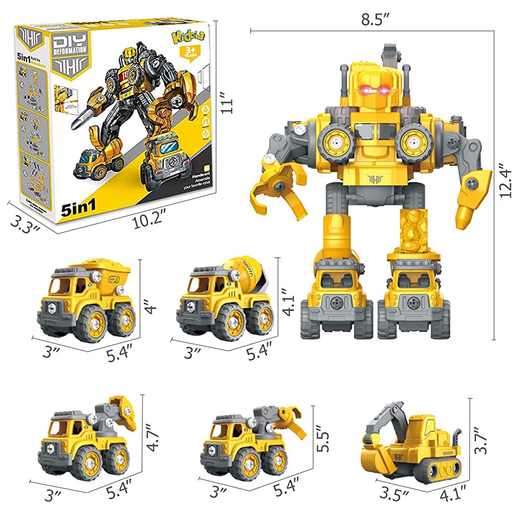 PATPAT Transformer Car Toys for Kids 5 in 1 Engineering Truck with Sound and Light | STEM Gift