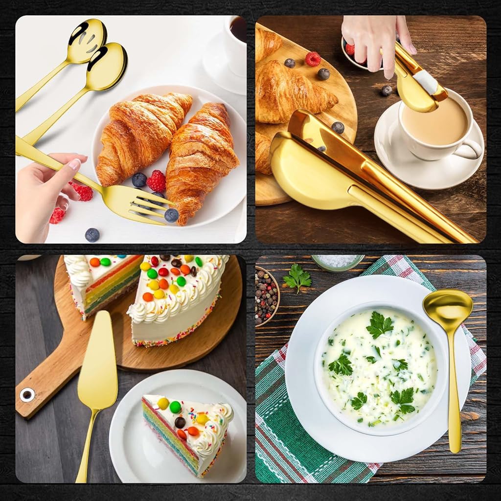 ZIBUYU Serving Utensils Set for Dining and Parties featuring 12 Pieces in Gold Stainless Steel