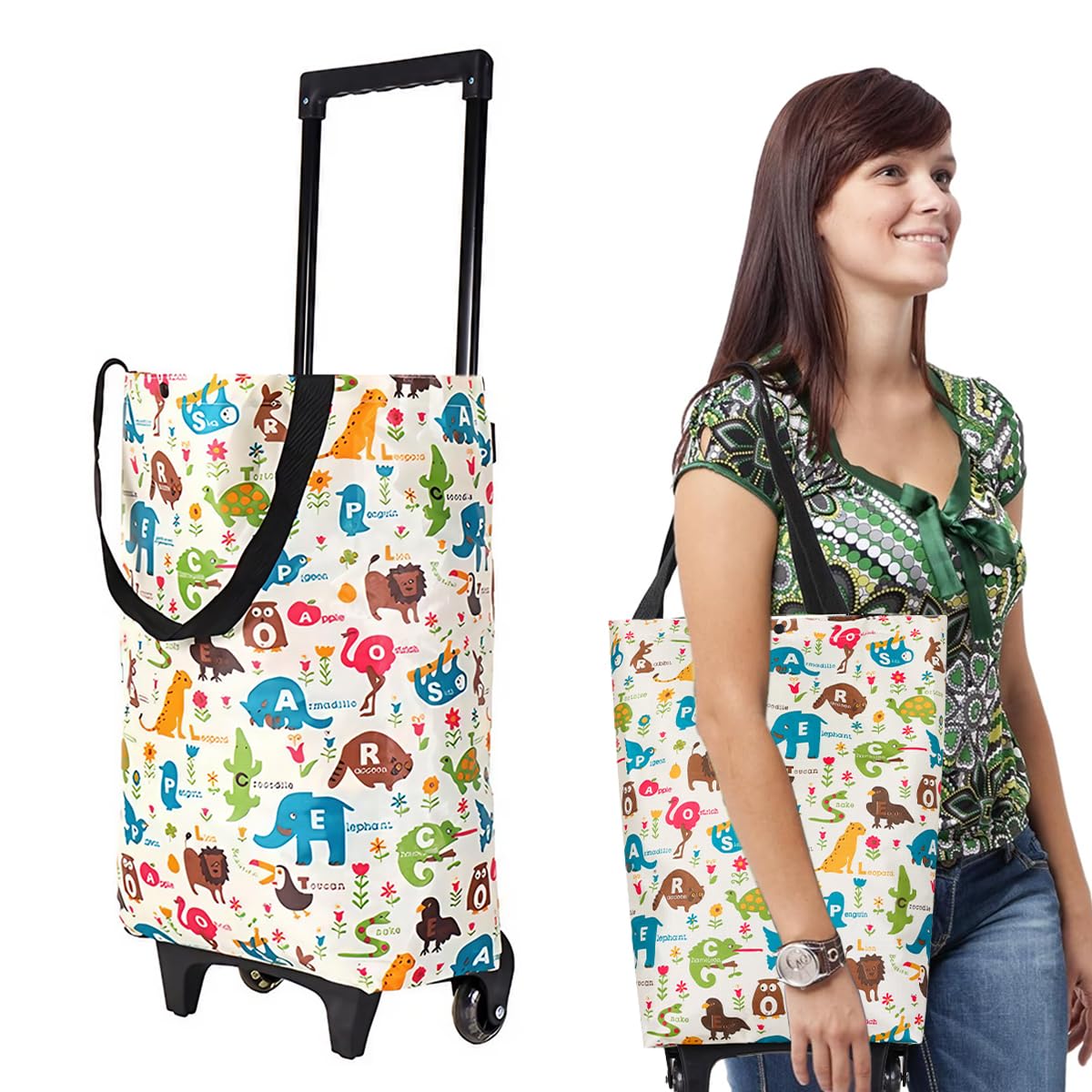 Portable Shopping Cart for Groceries with 20kg Capacity and Telescoping Handle | Waterproof Oxford Cloth featuring Shoulder Straps and Cartoon Print