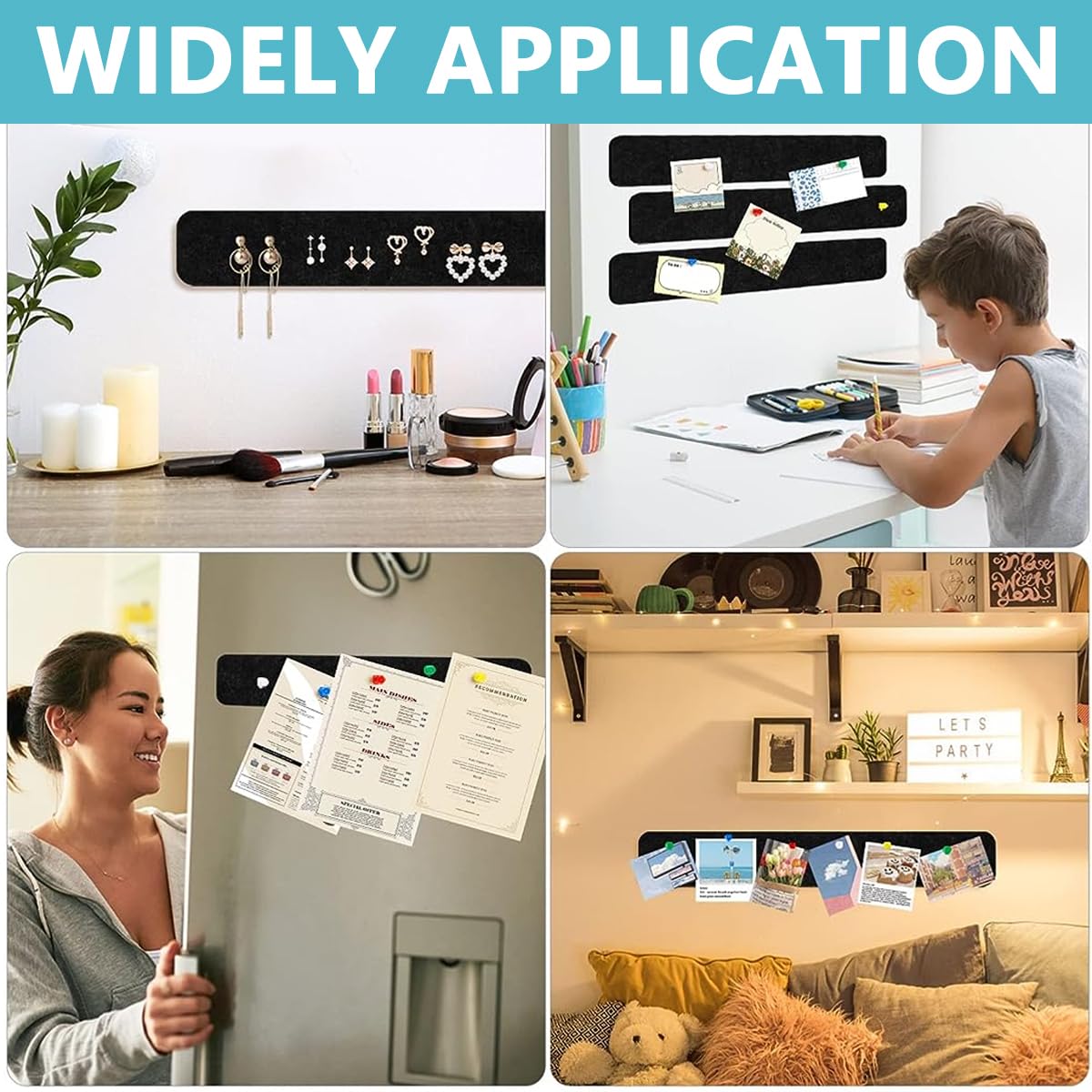 Climberty Felt Bulletin Board for Home and Office with 10 Pack 33×5cm Strips & 35 Pins | Self-Adhesive Black Design