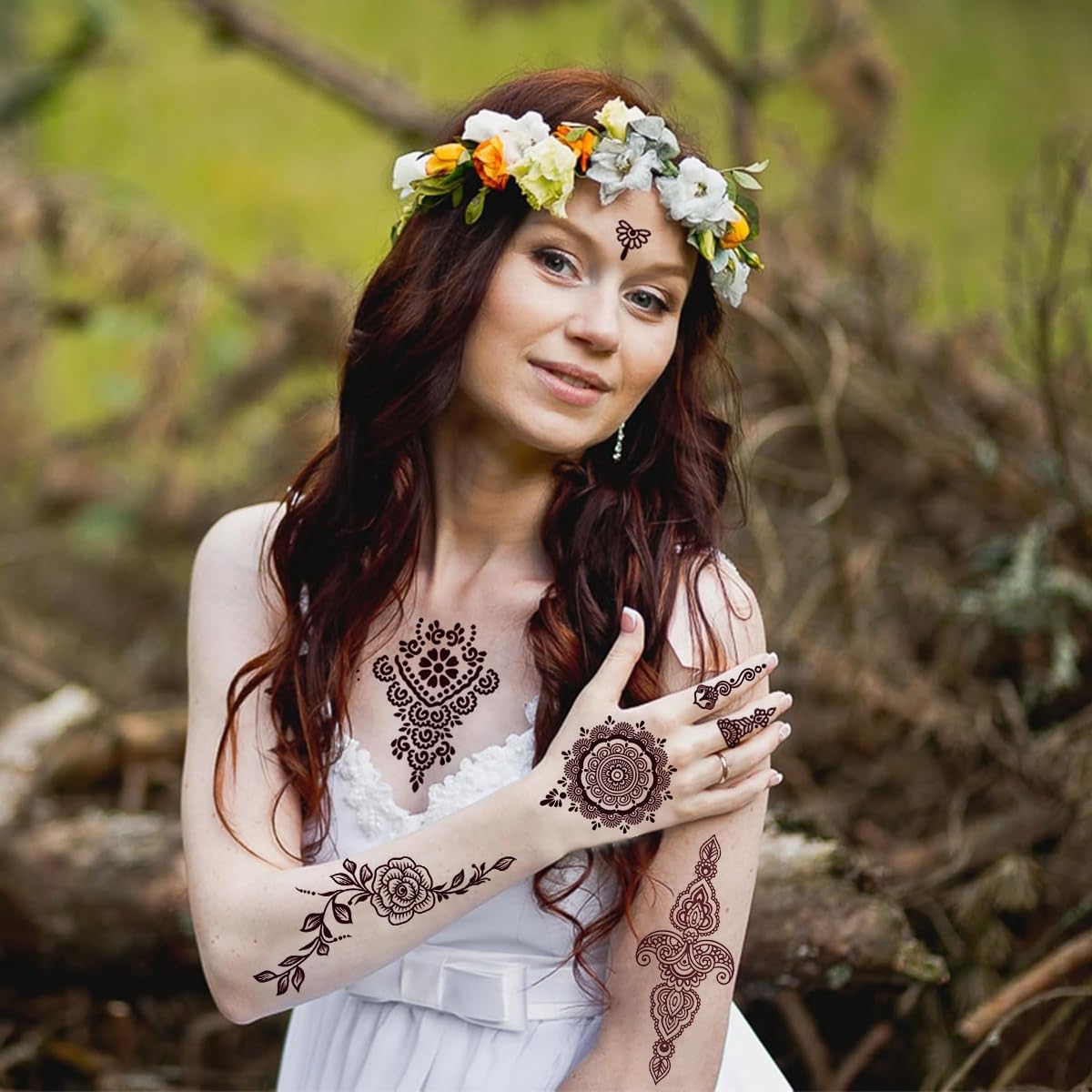 MAYCREATE Henna Temporary Tattoo Sticker for Women with 8 Sheets Waterproof Brown Designs | Easy Application and Lasts 5–7 Days