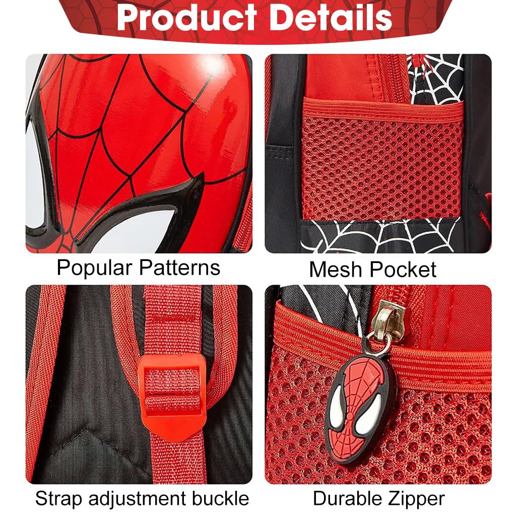 Venzina School Backpack for Boys and Girls 2 to 4 Years featuring Spider Man Design in Red and Black | Waterproof Preschool Bag
