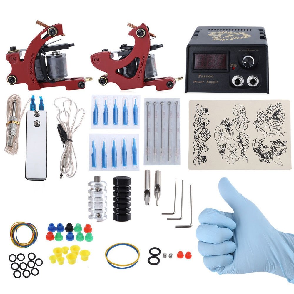 Verilux  Complete Tattoo Kit 2 Tattoo Machines Power Supply System (Red, THREE PIN US PLUG)