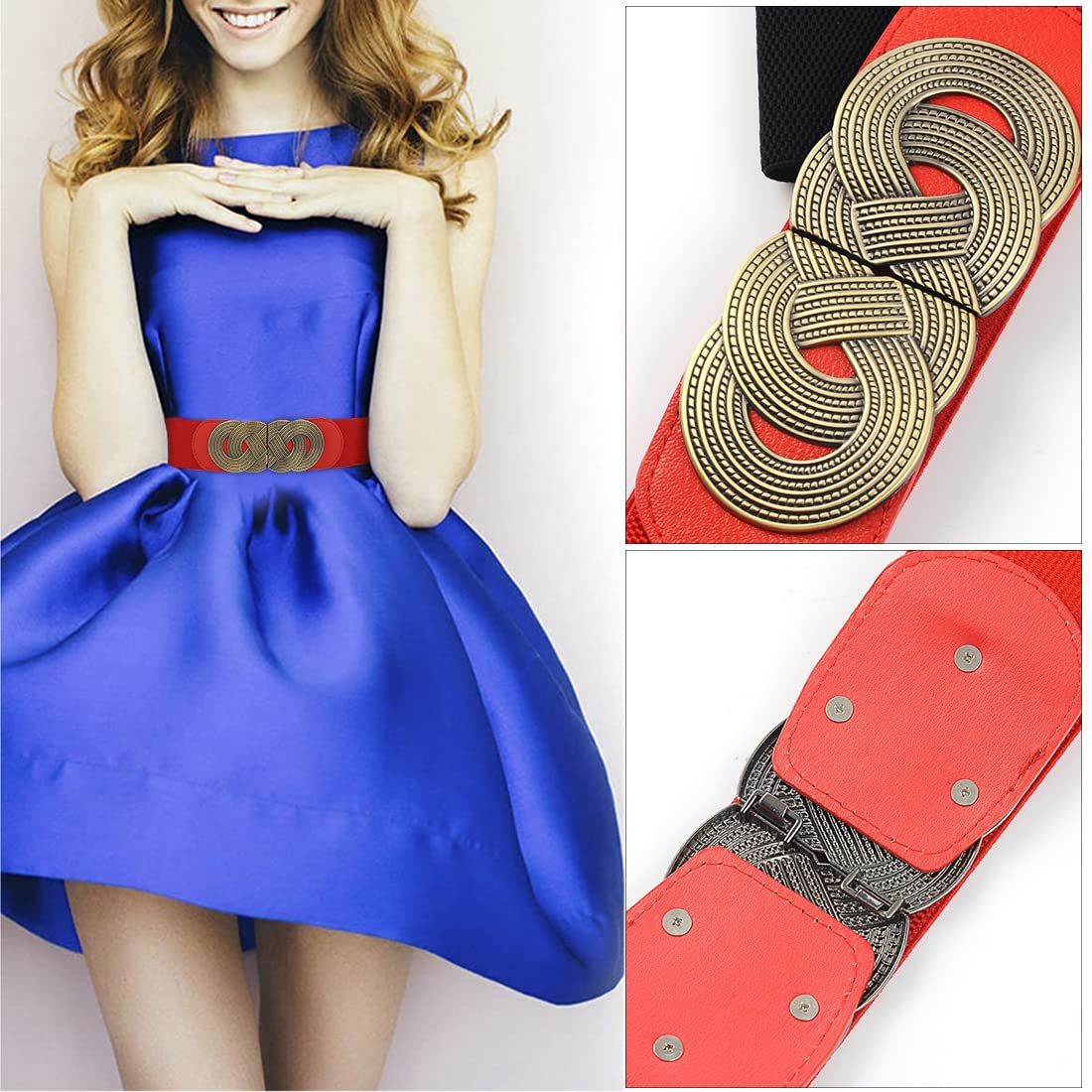 ZIBUYU® Waist Belts for Women, Girls Dresses Stylish Women Belts with Interlocking Buckle Modern Belt for Girls, Women Long Dress and Jeans Belts Stretchy Elastic Waist Belts for Girl, Women - Red