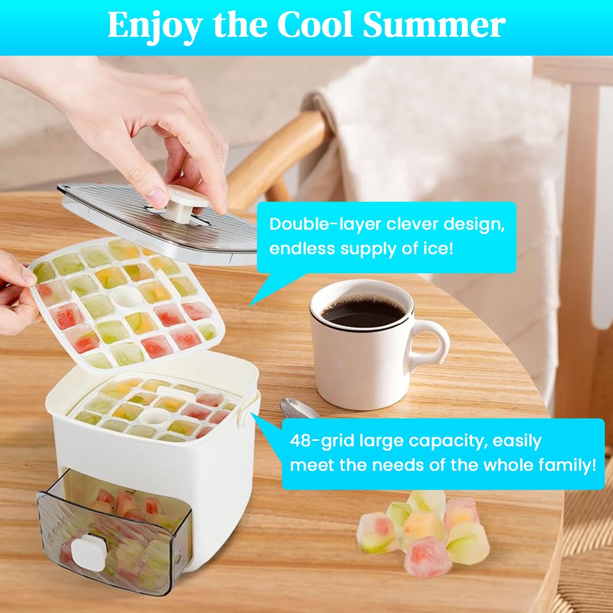 HASTHIP Ice Cube Maker with 48 Cavity Double Layer Mold and Tongs for Home Bar Use