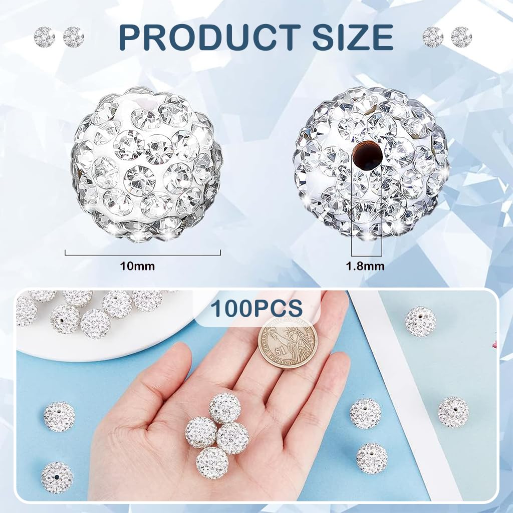 SANNIDHI Rhinestone Crystal Beads for Jewelry Making with 100pcs 10mm Clay Design | Sparkling White Craft Beads for Bracelets and Necklaces