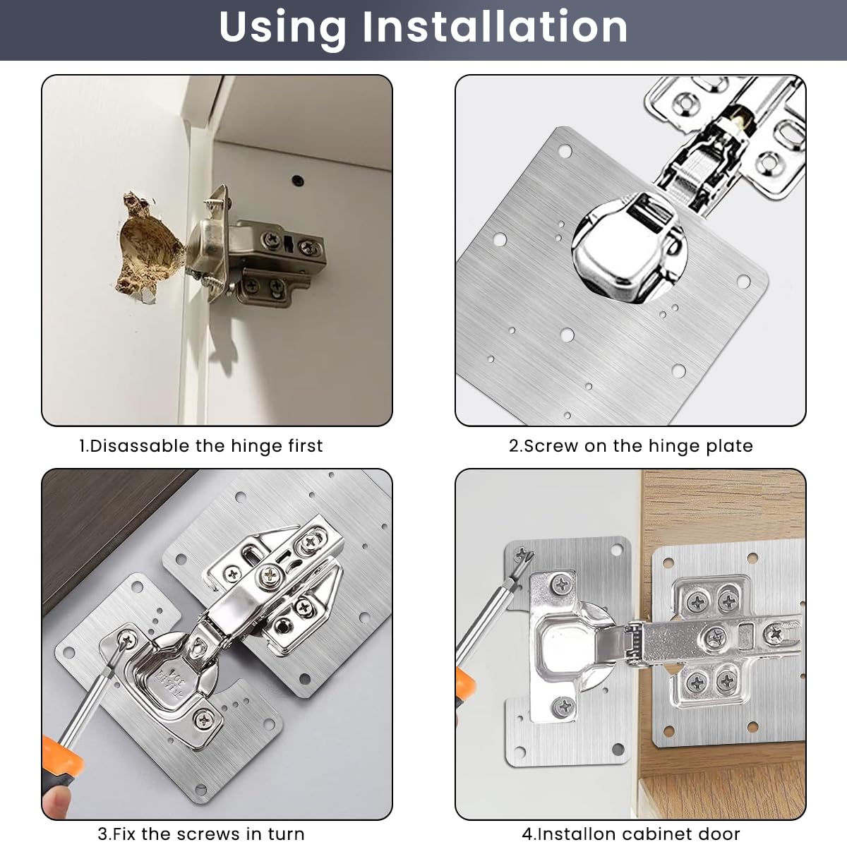 Serplex® 8Pcs Cabinet Hinges Repair Plate, Stainless Steel Hinge Repair Brackets Kit, Kitchen Cupboard Door Hinge Repair Plate Kit for Cabinets Fixing Screws, Protect Wooden Kitchen Cabinet Door