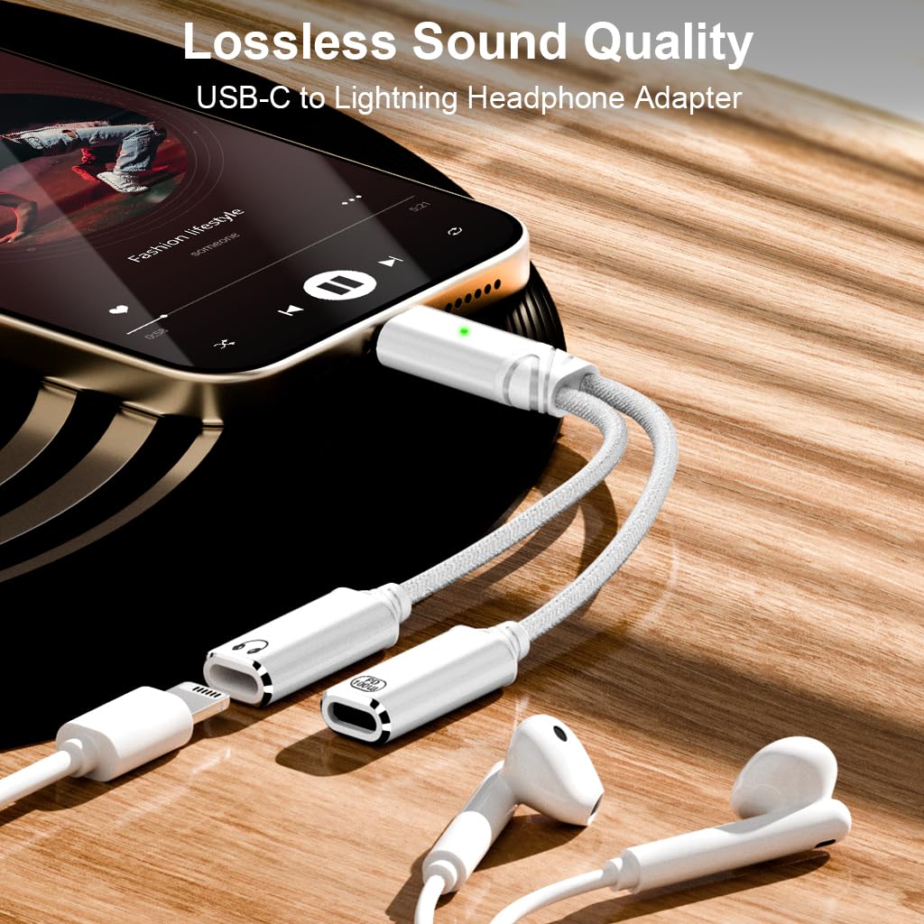 ZORBES USB C to Lightning Audio Adapter with 100W Charging and DAC Chip | White Aluminium