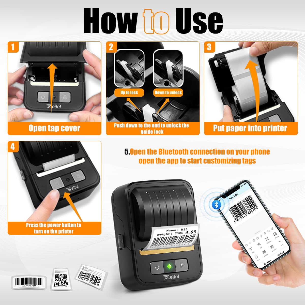 ZEITEL Thermal Label Printer for Home & Office with Bluetooth and 40mm/s Speed | 203 DPI Inkless Sticker Maker
