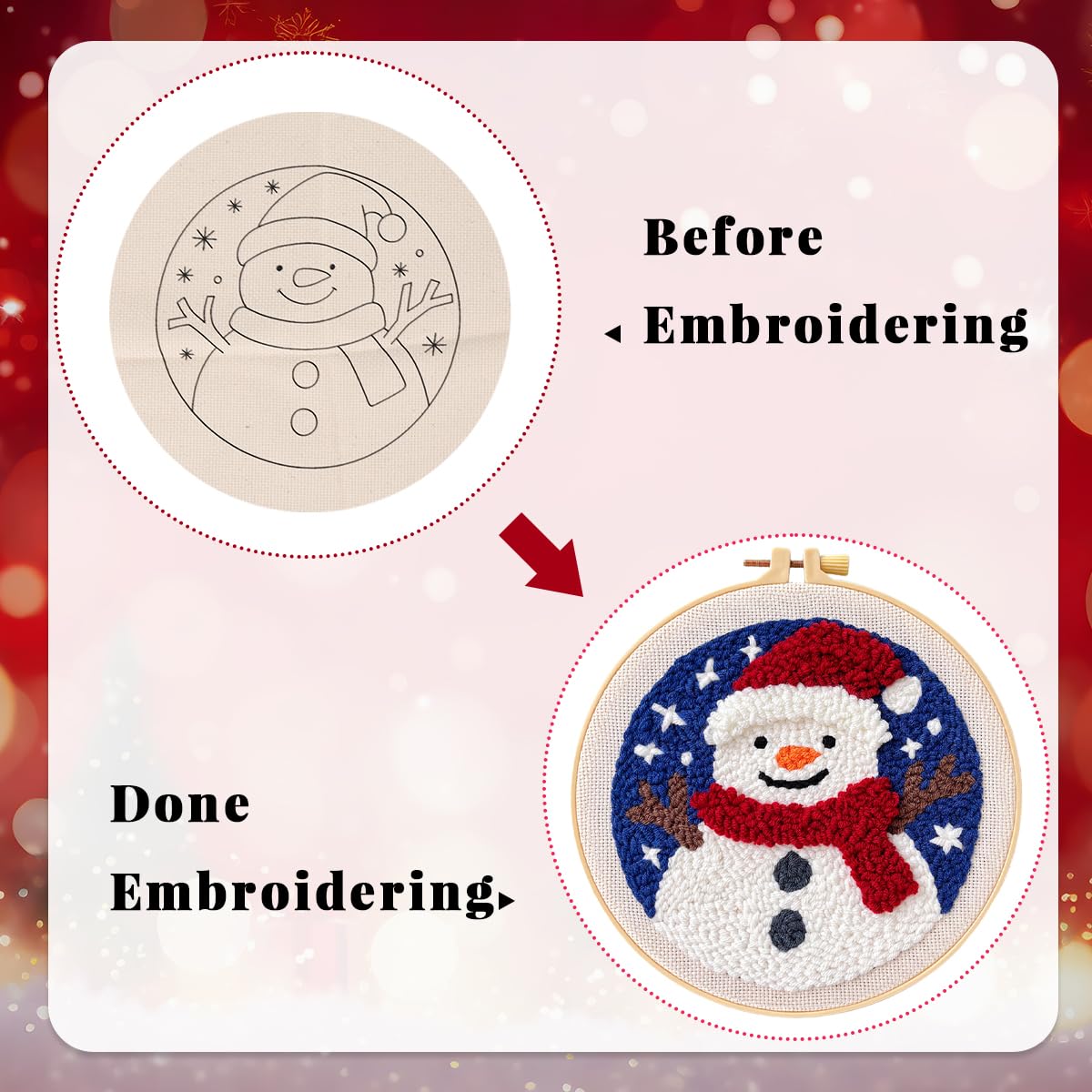 HASTHIP Embroidery Kit for Beginners with 7.8 in Hoop and Yarn for Kids and Adults | DIY Snowman Holiday Craft