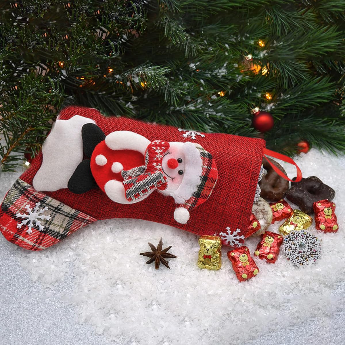 HASTHIP Christmas Stockings for Tree and Fireplace with 4 Designs and Sturdy Hanging Loops | 9×6.2 in Linen Socks