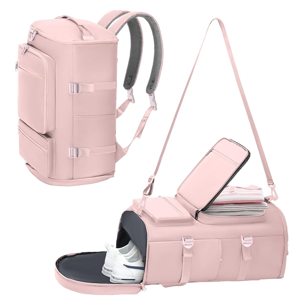 GUSTAVE® 40L Gym Bag for Women, 2-in-1 Fashion Nylon Travel Duffel & Backpack, Multipurpose Yoga & Sports Fitness Bag with Shoe Compartment, Waterproof Pouch, Convertible Crossbody for Travel, Pink