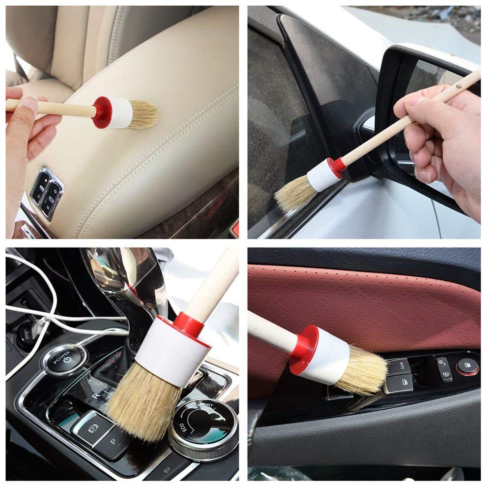 STHIRA Car Cleaning Brush Set for Wheels and Interior featuring Ergonomic Handle & 7pcs Natural Boar Hair Brushes