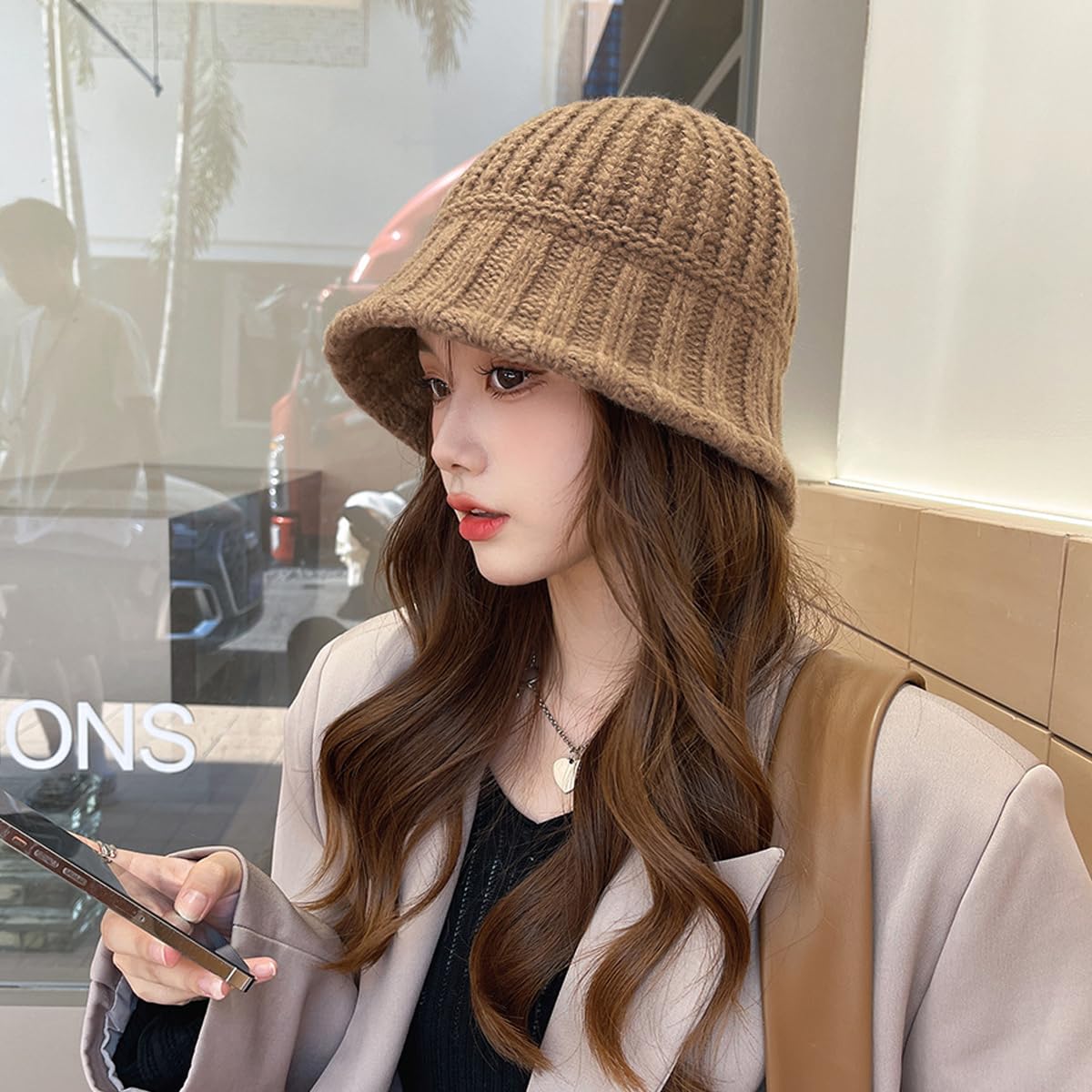 Venzina Winter Cap for Women featuring Crochet Knitting and 56–58cm One Size Fit | Warm Khaki Acrylic Bucket Hat