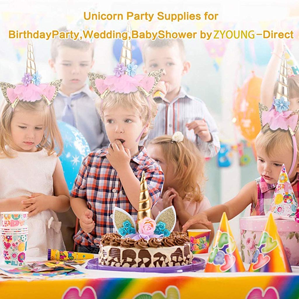 HASTHIP® Handmade Gold Reusable Unicorn Horn Ears Eyelash Set Birthday Cake Topper Decoration 5.8 Inch 2 PCS