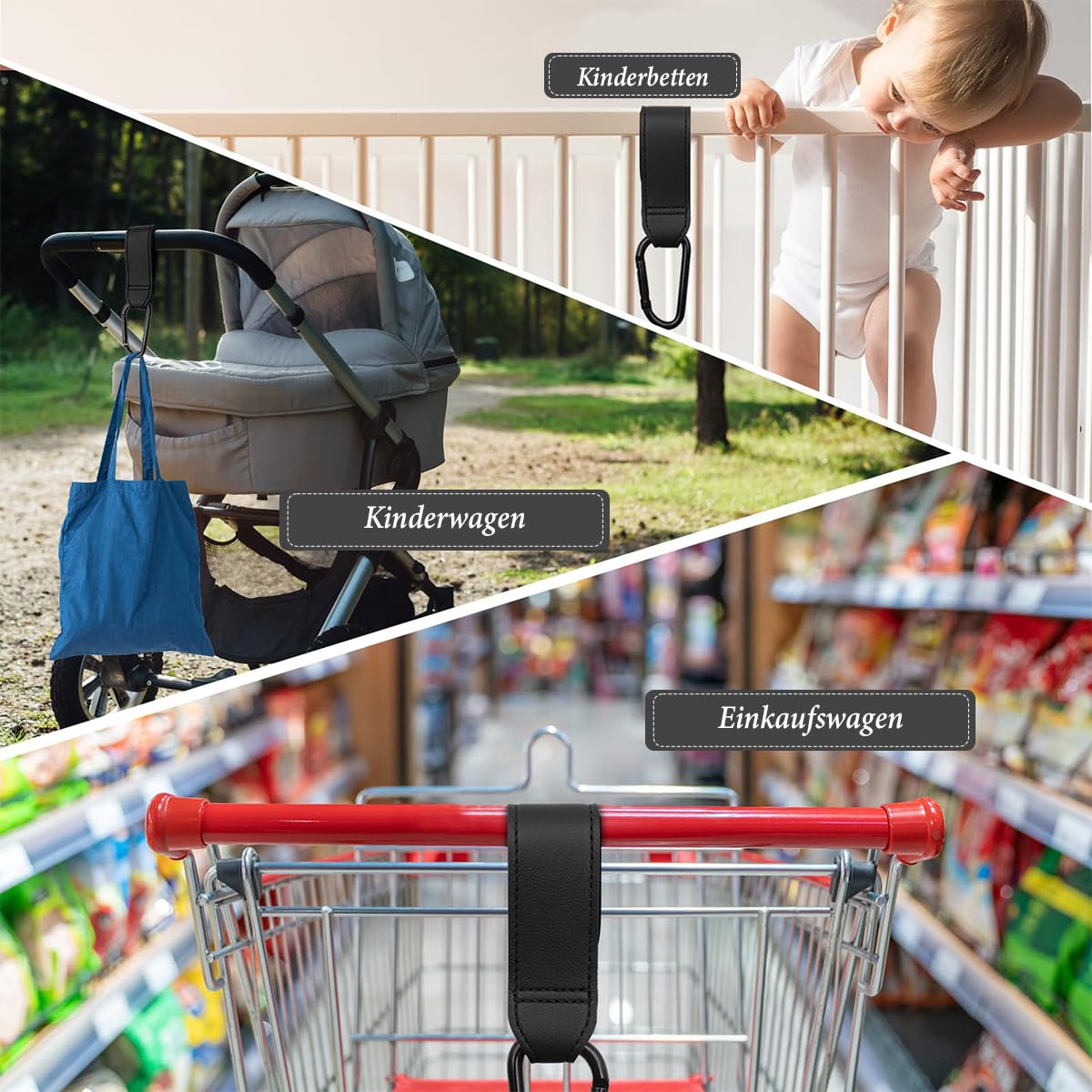 SNOWIE SOFT Stroller Hook 2pcs for Pram and Pushchair with PU Leather Strap and Carabiner | Black