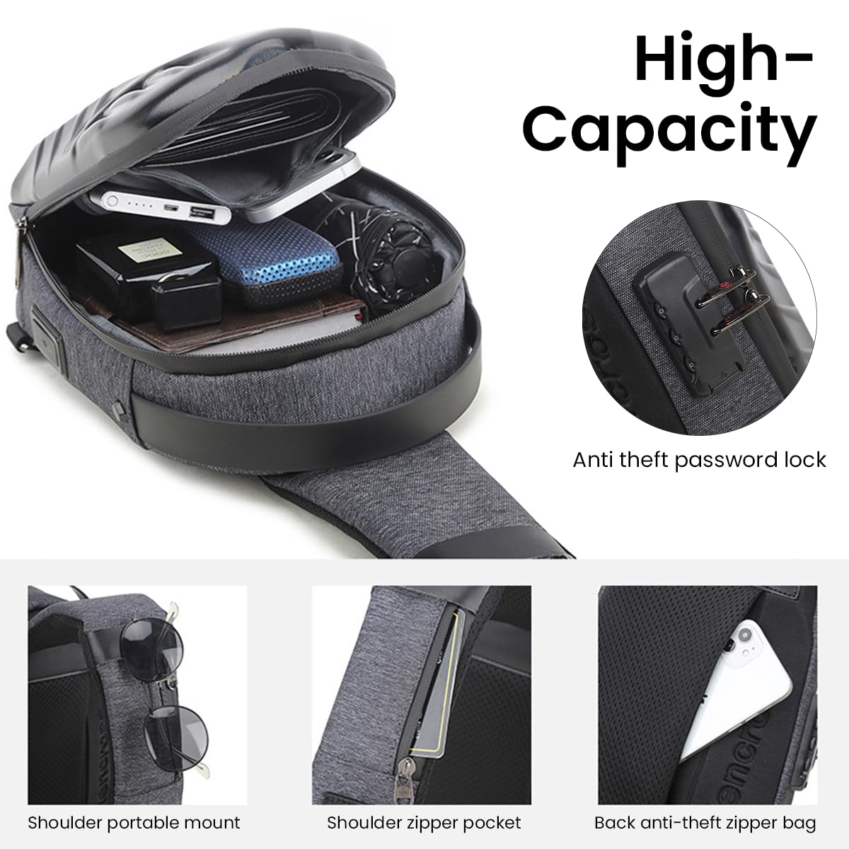 GUSTAVE Sling Bag for Men with 3-Digital Lock and USB Port featuring 19.5×7.5×30cm Hard Case