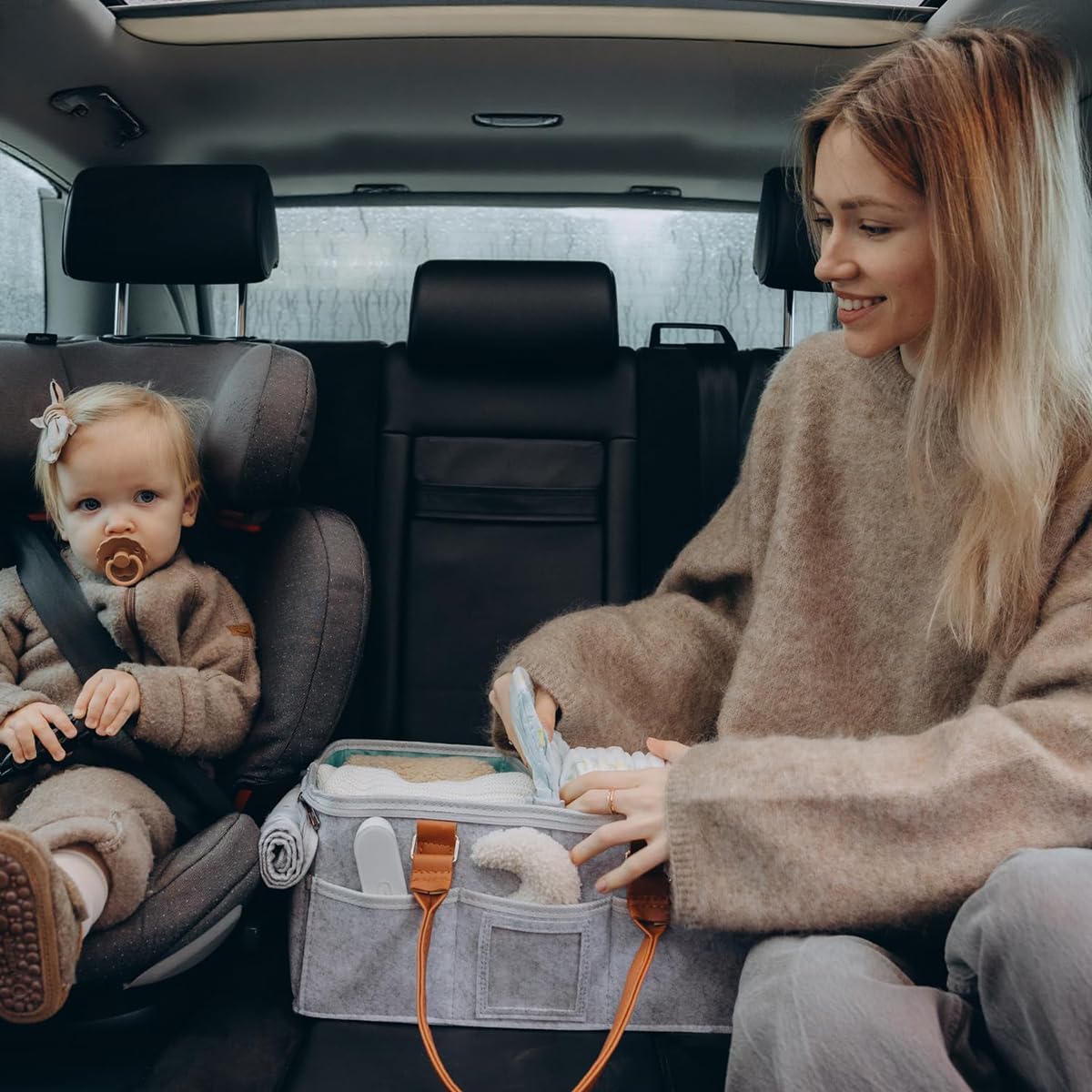 SNOWIE SOFT Baby Diaper Caddy Organizer for Newborn Essentials with 2 Inserts and Felt Design | Portable Grey Storage Basket