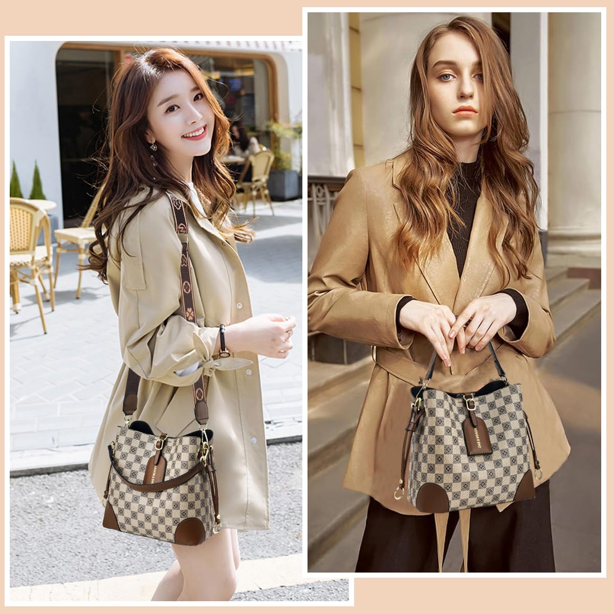 PALAY Bucket Bag for Women with Detachable Shoulder Strap and Belt Closure | 23x12x22 cm PU Fashion Check Pattern