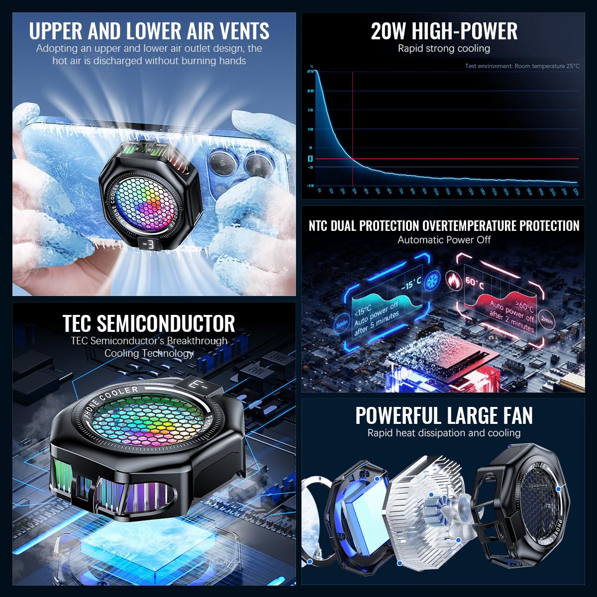 ZORBES Phone Cooler for Gaming with 3 Cooling Levels featuring Semiconductor Chip and RGB Lighting