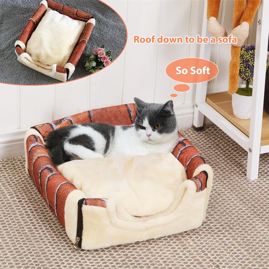 Qpets Cat House for Winter and All Seasons with Detachable Roof and Doors 45x38x36cm | Cozy Plush Shelter for Small Pets