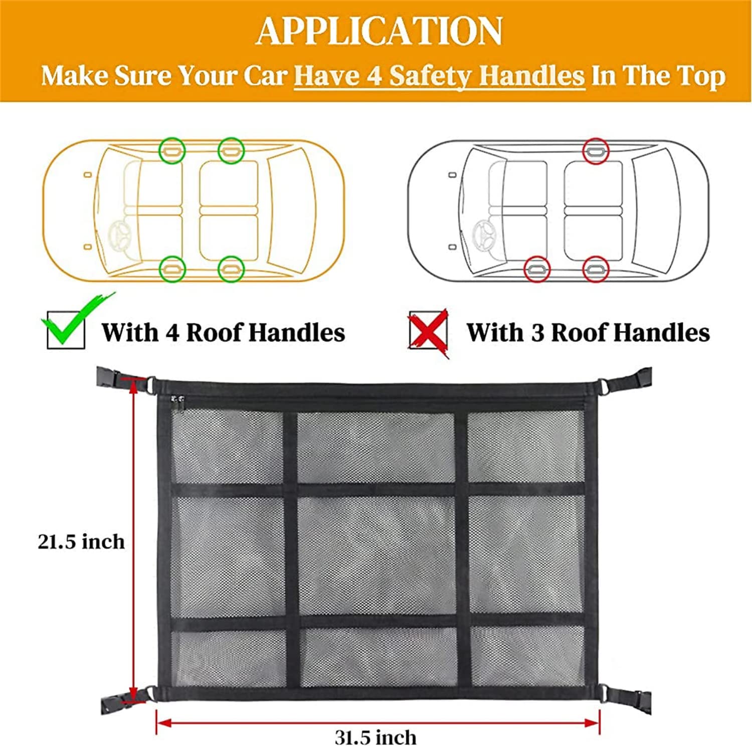 STHIRA Car Ceiling Storage Mesh Net for SUVs and Camping with 9 Straps & Double-Layer Design | 31.5x21.3in Organizer