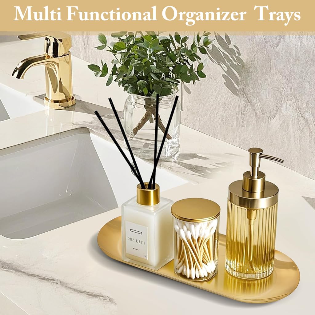 HASTHIP Rectangular Trays for Vanity and Bathroom with 2Pcs 30x12cm Stainless Steel Gold Finish | Multipurpose Organizer