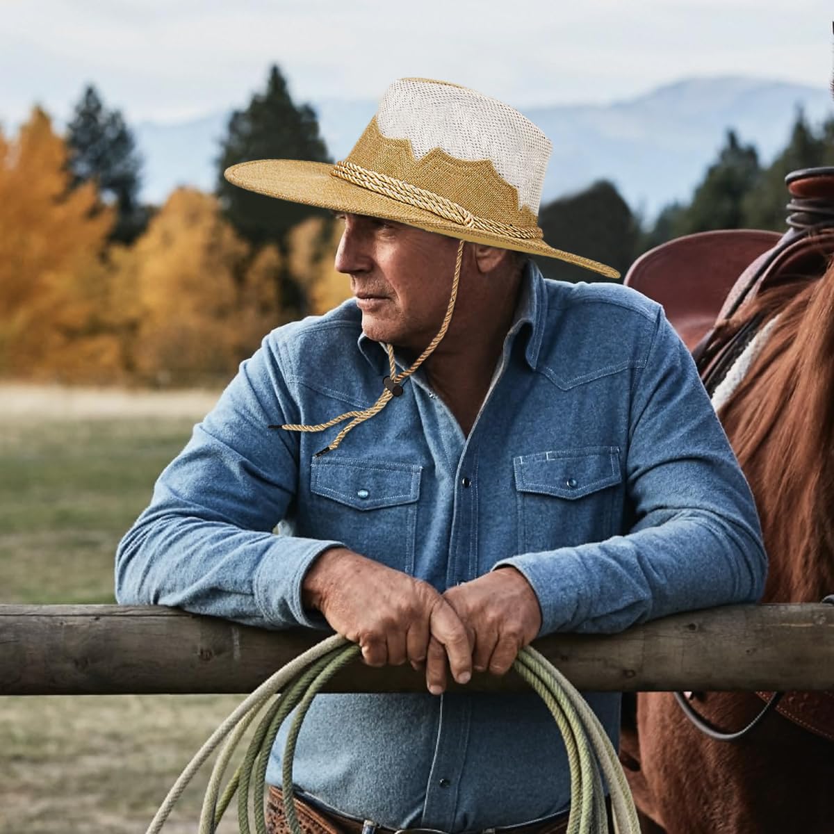 GUSTAVE Cowboy Hats for Men featuring Woven Flax Wide Brim Sun Protection and Chin Strap | Khaki Summer Style