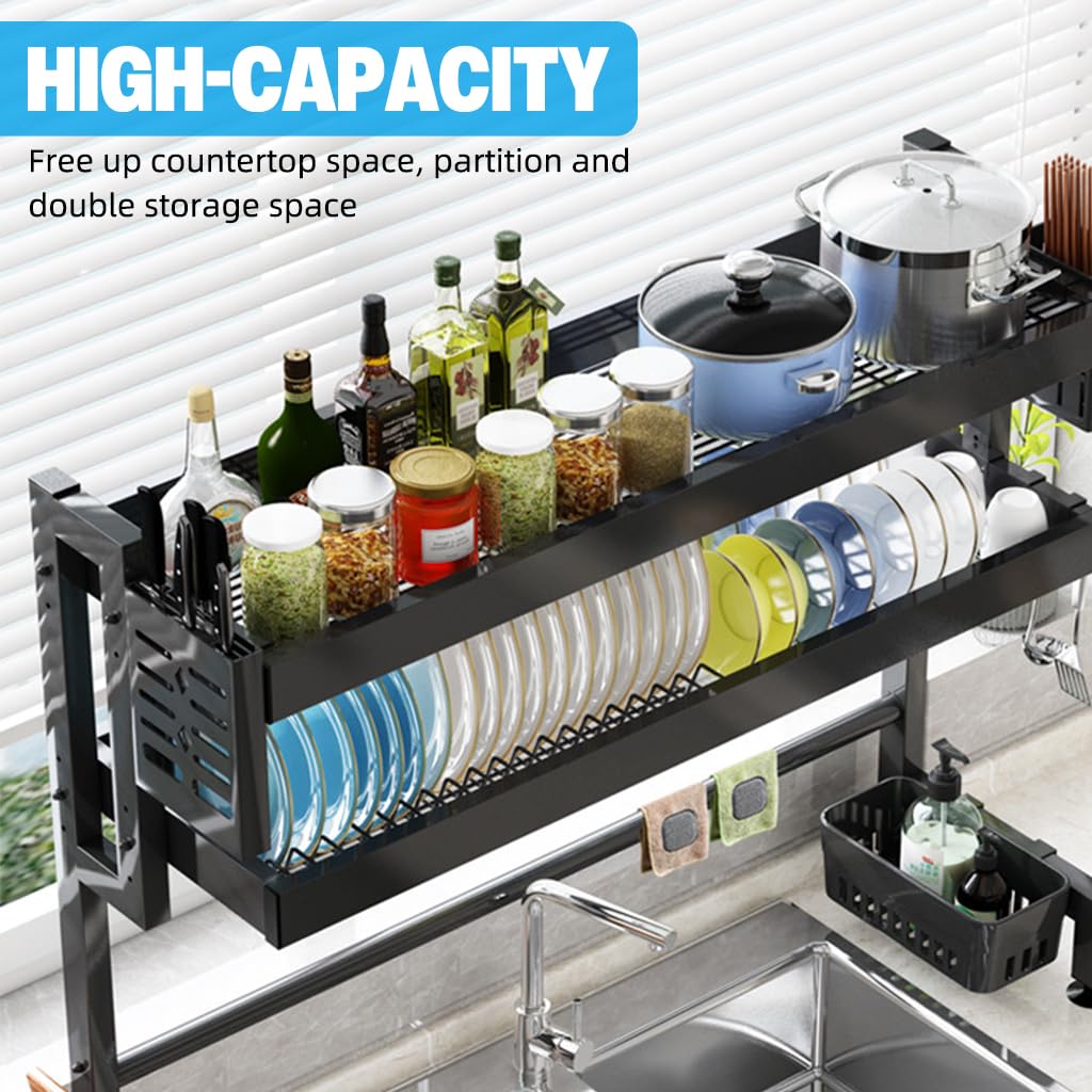Supvox Kitchen Sink Organizer for Over-the-Sink Storage with Double Layer 95cm Carbon Steel Rack