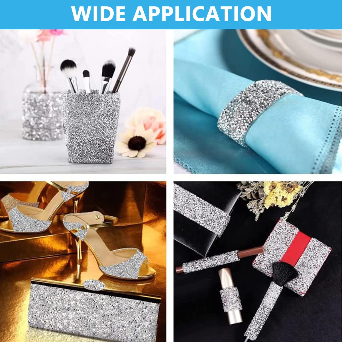 MAYCREATE Self Adhesive Rhinestone Strips for DIY Crafts with 4 Rolls 10mm x 1 Yard Silver | Wall Decoration