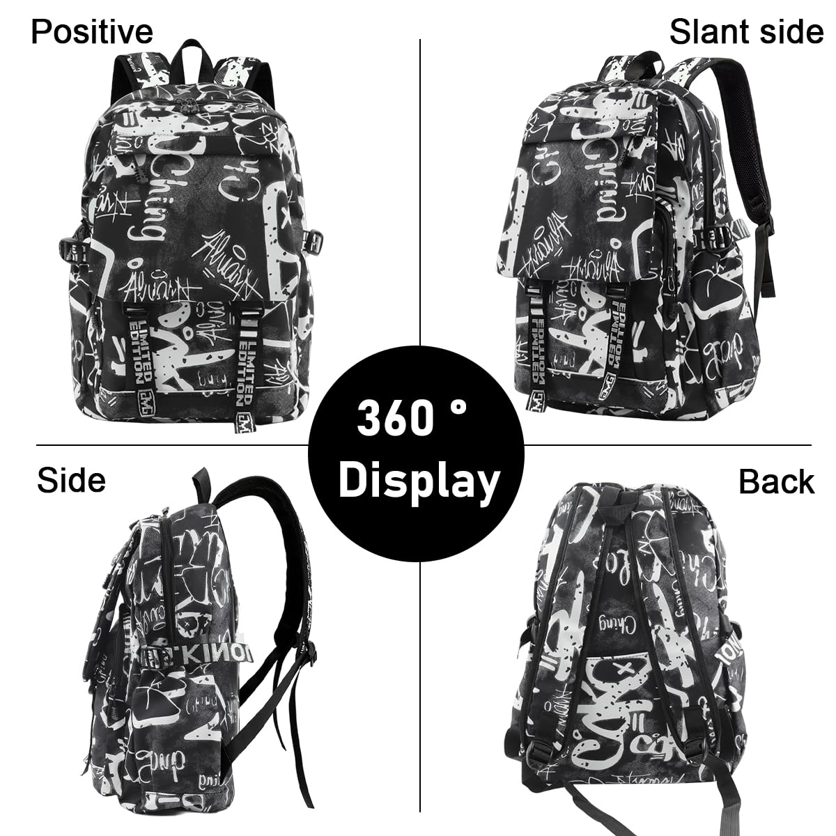 PALAY Travel Backpack for School and Outdoor Trips with Graffiti Print | Black Nylon Laptop Bag