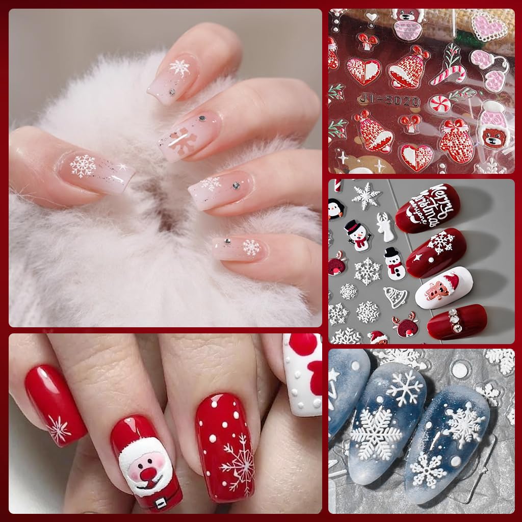 MAYCREATE Christmas Nail Stickers for DIY Nail Art with 3D Embossed Designs 6 Sheets | Self Adhesive Set for Women
