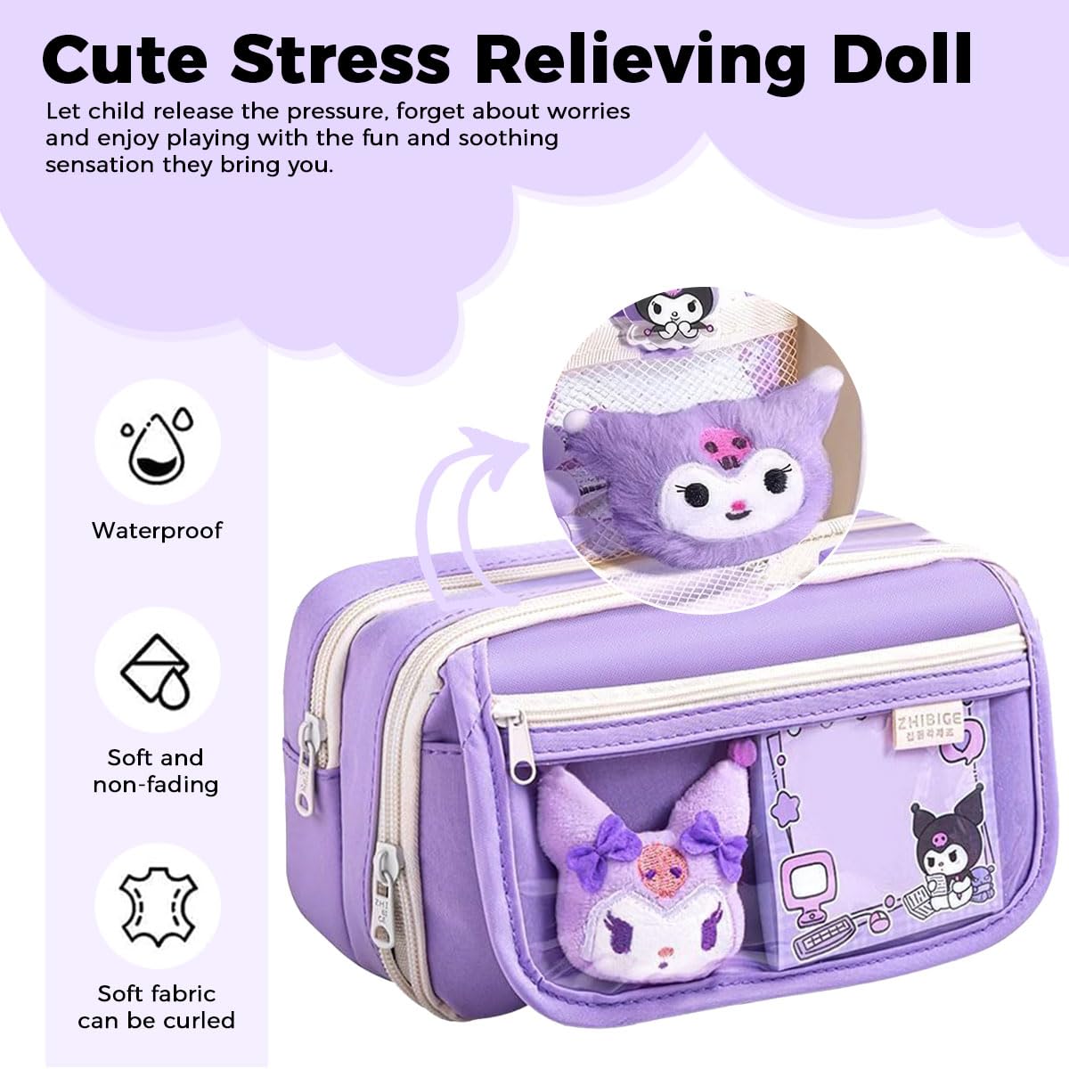 Zibuyu Kuromi Transparent Pencil Case Set for School with 20 Stickers and PET Pouch | Cute Gift for Girls