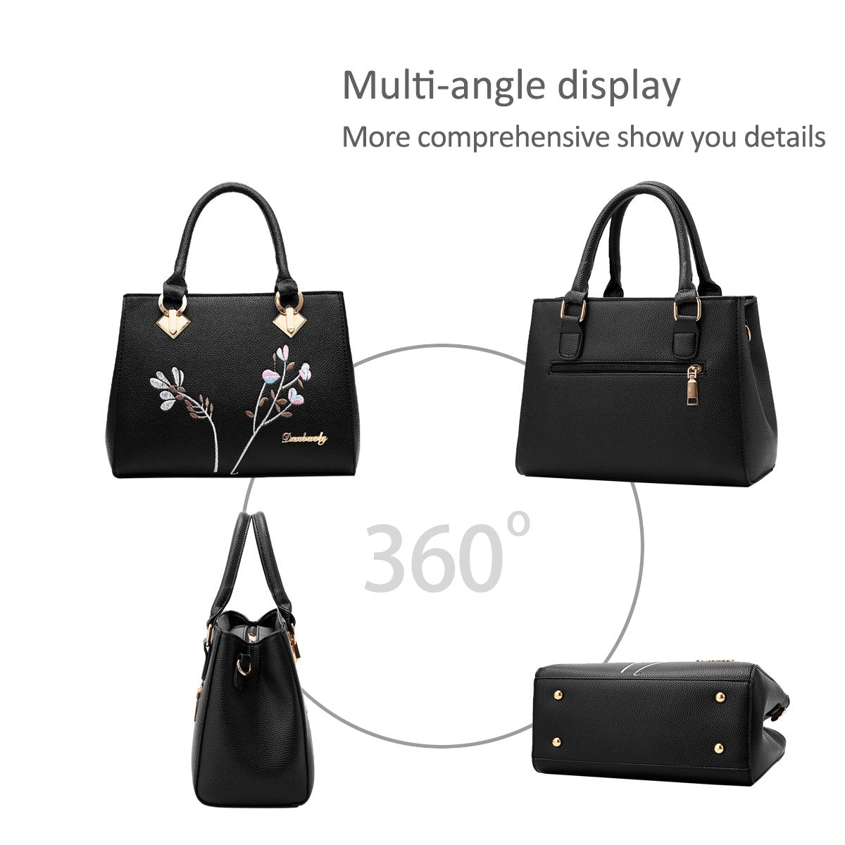 PALAY Handbag for Women with 5 Inside Pockets and Detachable Strap 26×10×20cm PU Leather Black