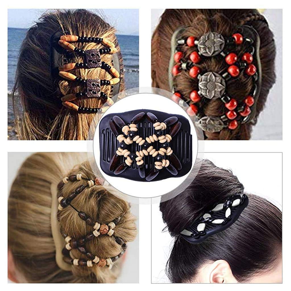 MAYCREATE Magic Double Row Wooden Butterfly Hair Clip for Women with Stretchy Beads | Retro African Comb