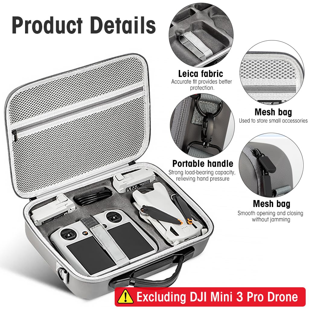 Zeitel Carrying Case for DJI Mini 3 Pro with Waterproof PU Cover and Shoulder Strap | Hard Travel Storage Bag for Drone Accessories