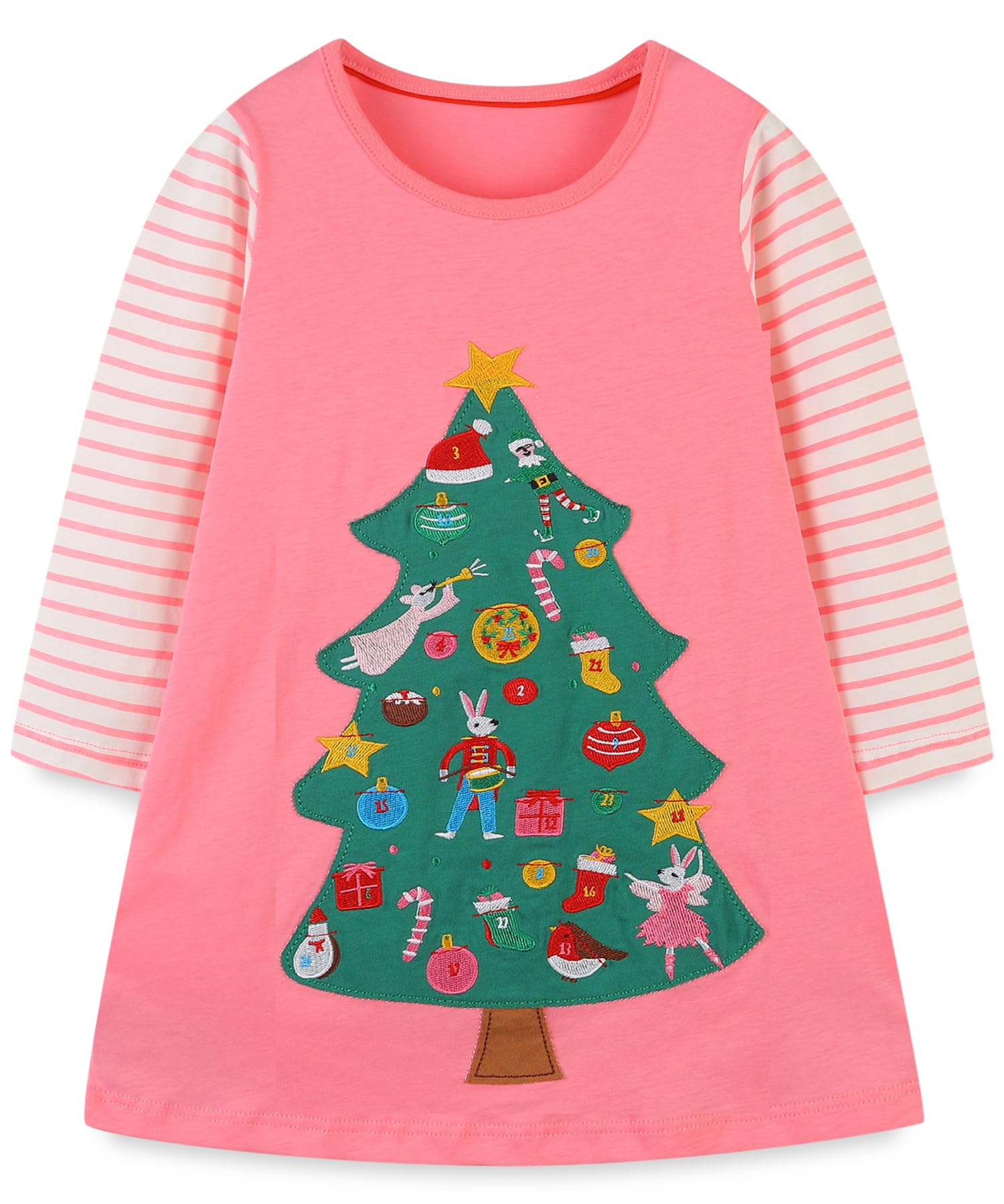 SANNIDHI® Girls' Christmas Dress for Girls Aged 5-6 Years, Striped Long Sleeves Pink Cotton Holiday Dress Christmas Tree Printed Nightgown Homewear Festive Outfit for Party or Casual Wear, 120cm