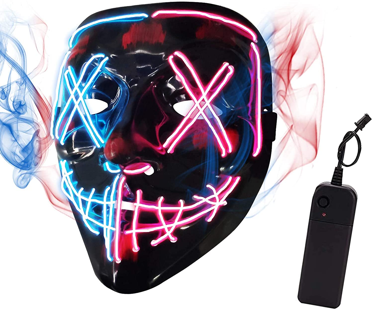 PATPAT  Halloween Light Up Mask LED Mask EL Wire Scary Mask for Halloween Festival Party ,Masquerade Cosplay Light Up Face Mask for Men Women Kids (Half Blue & Pink)