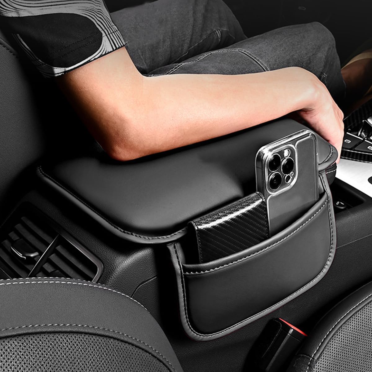 STHIRA Car Armrest Cushion for Center Console with Dual Storage Pouches and Memory Foam Support | PU Leather Cover for Universal Car Models