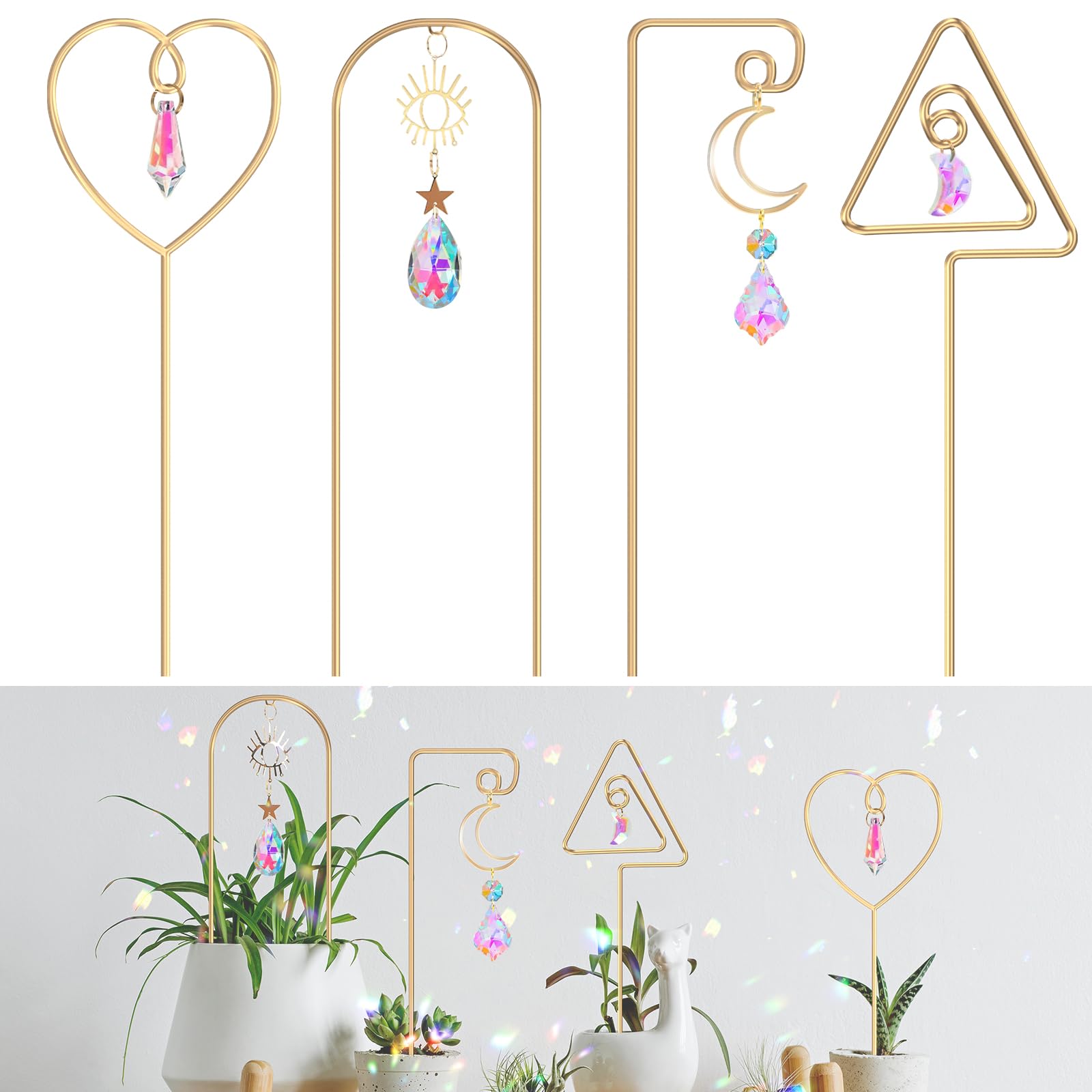 HASTHIP® 4Pcs Golden Flower Pot Trellis Suncatcher Decorative, 5.5 inch Stainless Steel Planter Pot Trellis with Dazzling Suncatcher Centerpiece Flower Pot Ornaments