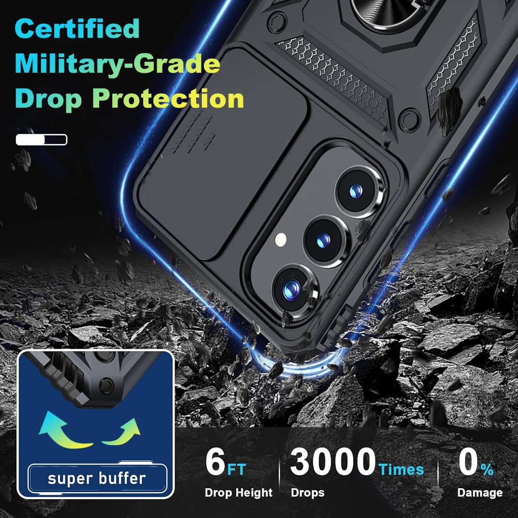 ZORBES Samsung Galaxy A35 Phone Case with Magnetic Kickstand Ring and Slide Camera Cover | Black PC and TPU Shockproof Protection