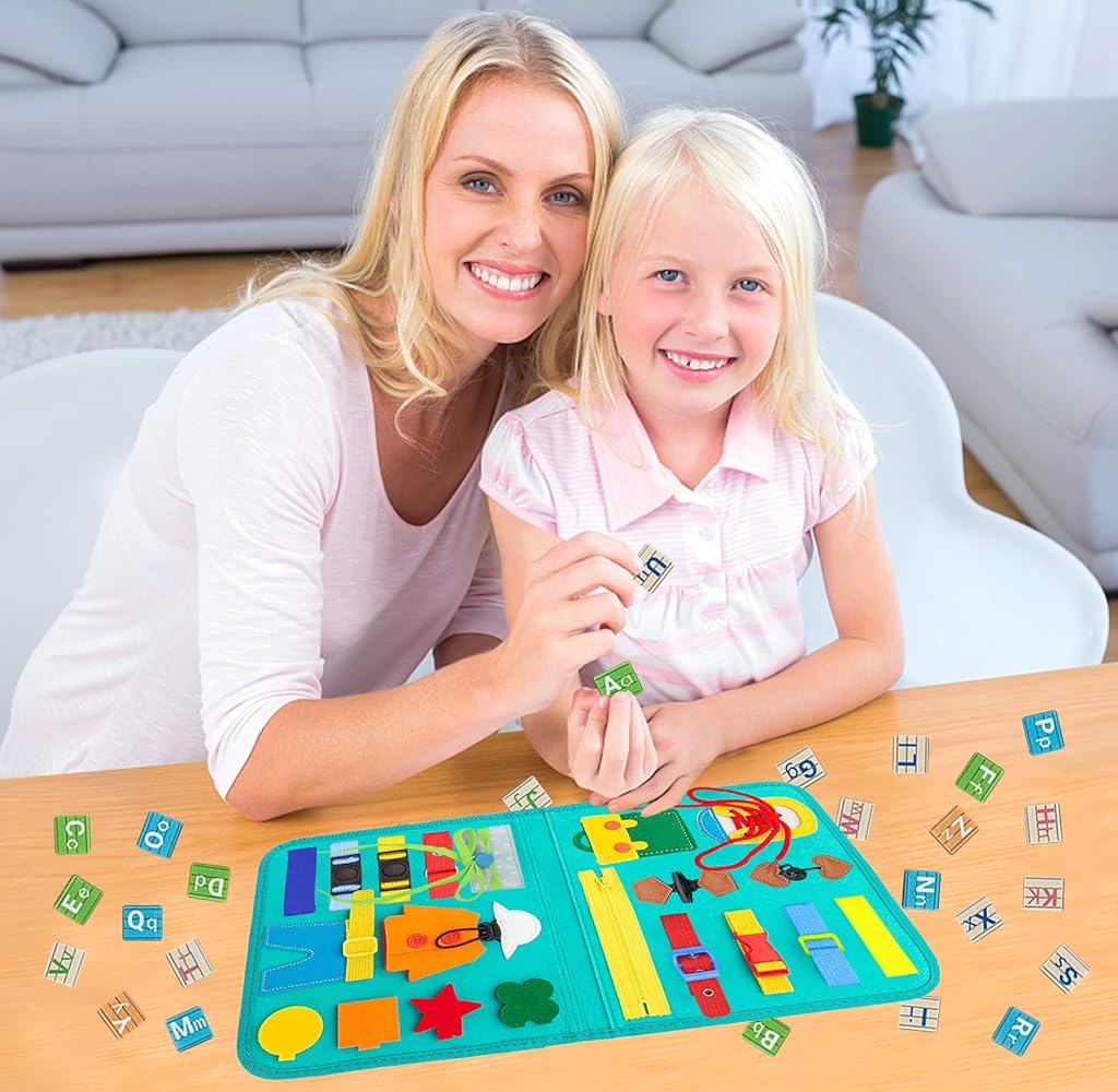 SNOWIE SOFT Busy Board for Toddlers, Montessori Toys for 1 2 3 4 Years Old, Busy Book Sensory Toys for Comprehensive Preschool Educational Toys Learning with Time and 26 Letters of The Alphabet