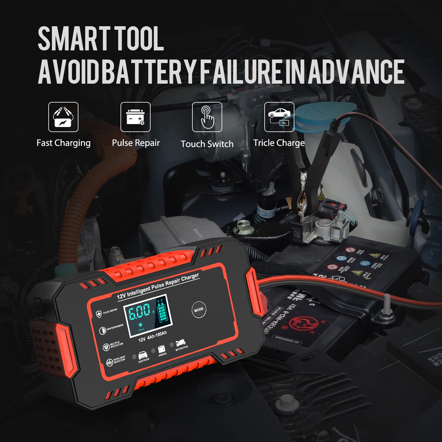 STHIRA Car Battery Charger, Smart Car Battery Charger 12V 6A Automatic, LCD 12V Pulse Repair Battery Charger, Battery Maintainer, Multi Protection Mechanism,Temperature Monitoring