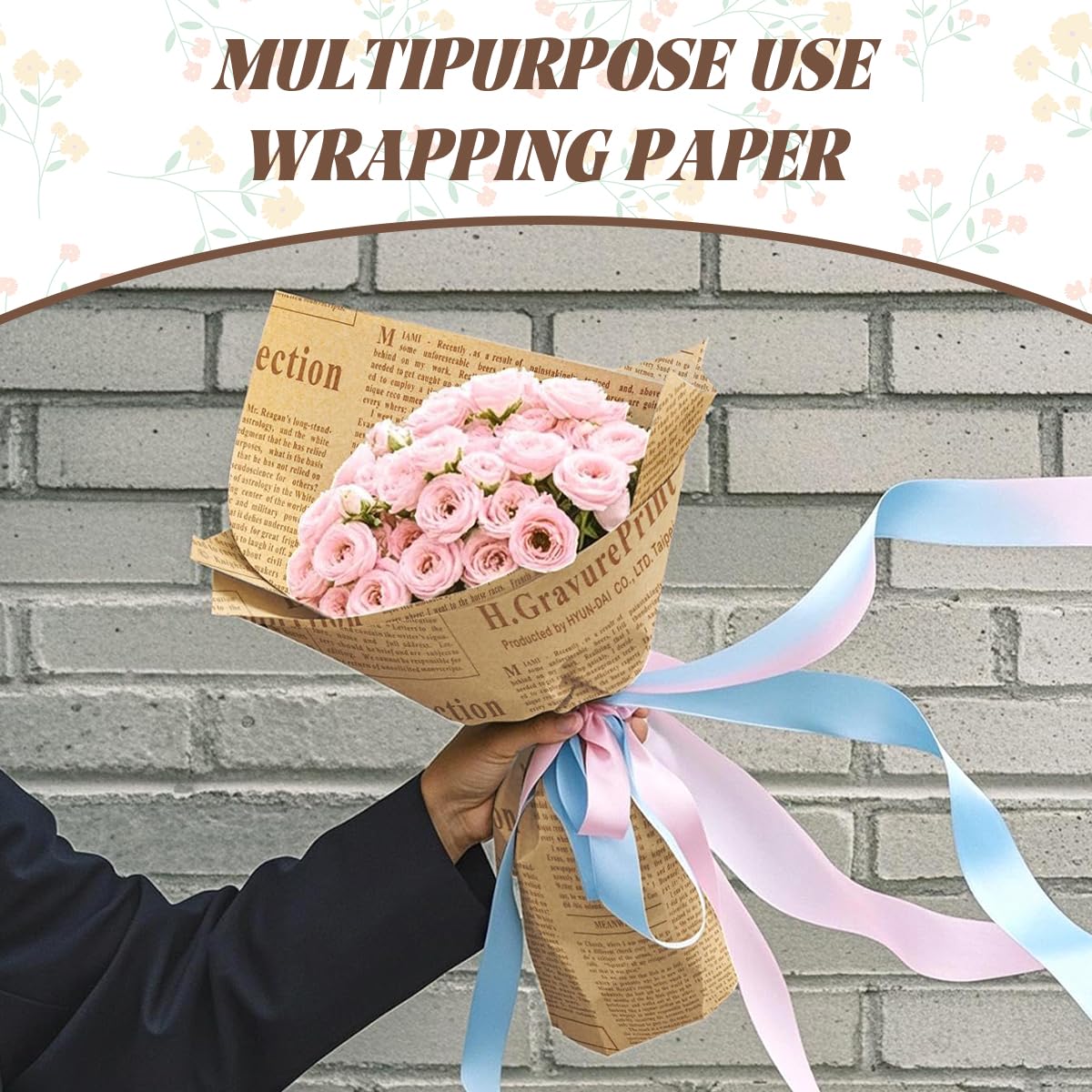 HASTHIP Flower Packing Papers for Gifts featuring Retro Newspaper Style and 6 Sheets 50x70cm