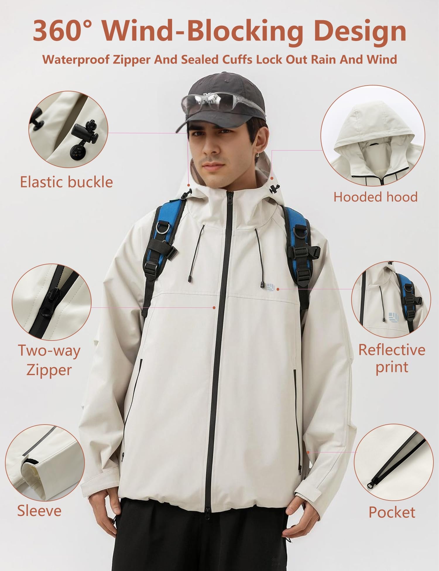 Venzina Men's Waterproof Windbreaker Jacket for Hiking and Cycling with 75D Fabric | Light Khaki