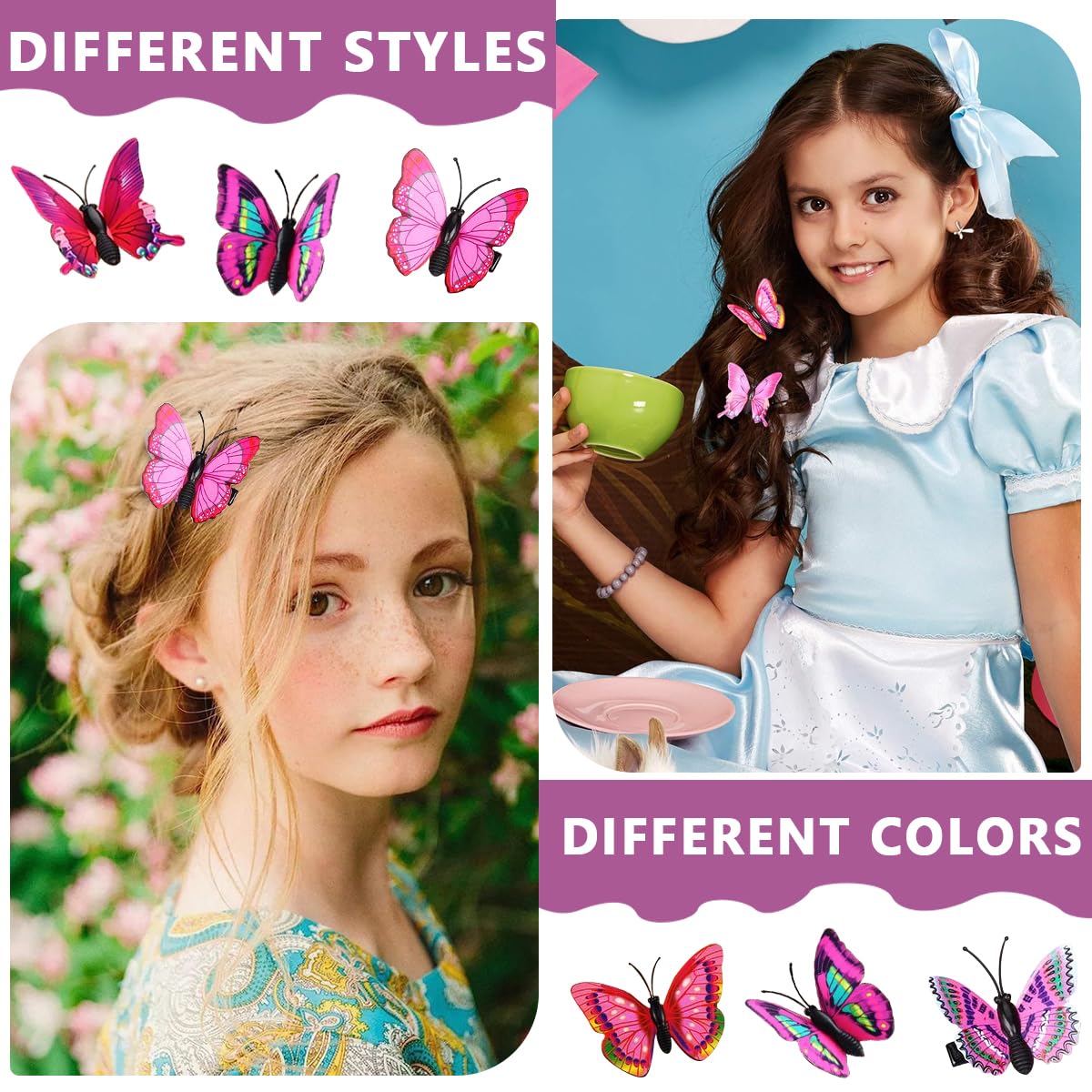 PALAY Butterfly Hair Clips for Girls with Clip-On Design 50pcs 2.36in Blue and Purple