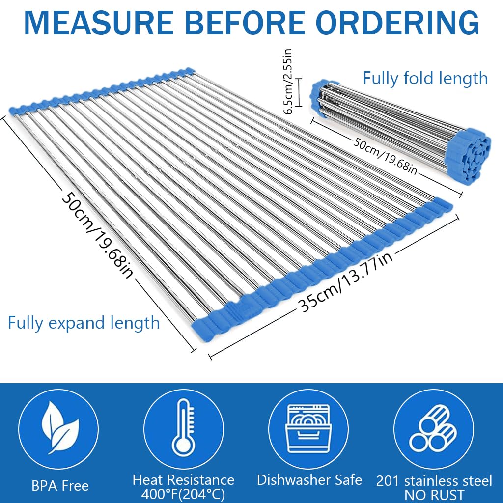 Supvox Dish Drying Mat for Kitchen Sink 20 x 13 in with 18 Rod Roll Up Stainless Steel Rack